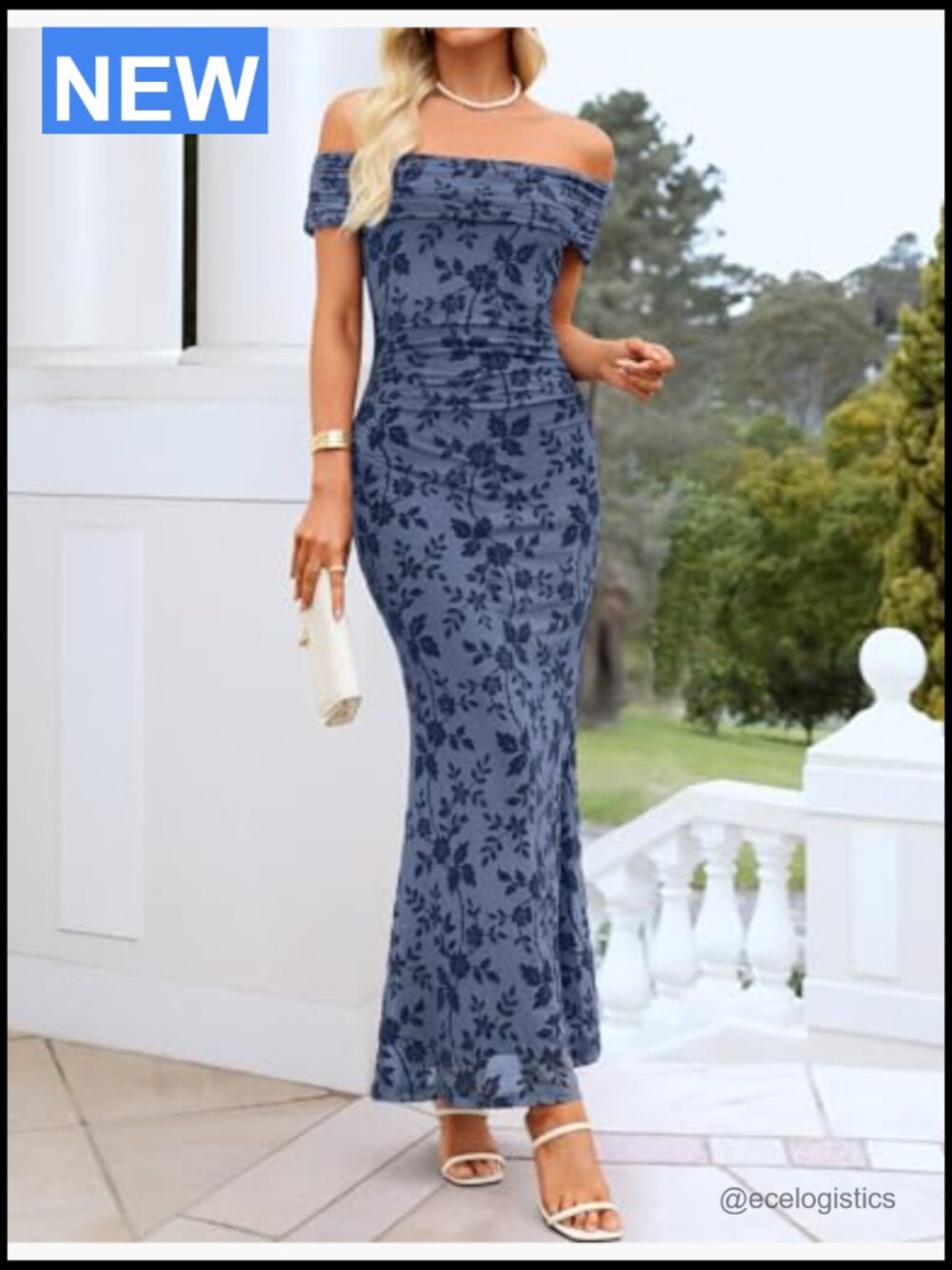 Off Shoulder Floral Bodycon Maxi Dress Ruched Formal Cocktail Wedding Guest - Picture 4 of 7